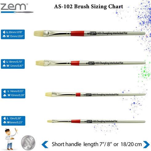 ZEM Brush Chungking Deluxe White Hog Bristle Interlocked Flat Artist Brush Set Sizes 2,4,6,8...