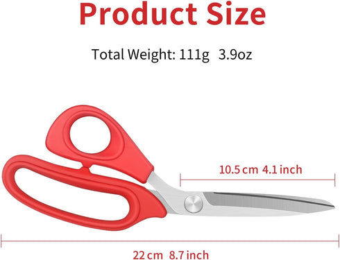 Left Handed Fabric Scissors for Cutting Fabric, Clothing, Textiles, Leather, 22cm Tailor's Scissors, Red...
