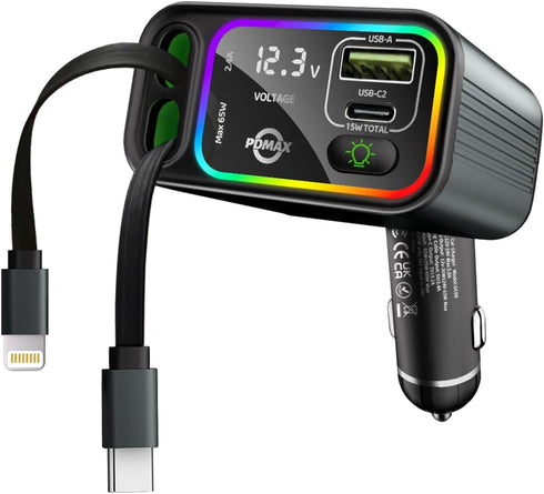 4-in-1 Retractable Car Charger - 90W Fast Car Phone Charger with Dual Retractable Cables (USB-C & iOS) and USB Ports, Compatible with iPhone 15/14...