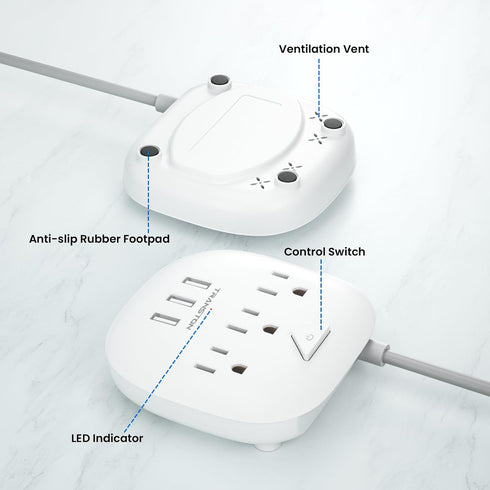 Power Strip 3 Outlets and 3 USB Ports with Switch Control, Desktop Charging Station with 5 ft Extension Cord, Compact for Nightstand, Office and T...