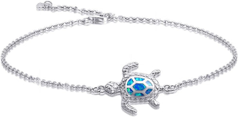 Blue Opal Sea Turtle Ankle Bracelet Sterling Silver Anklet Fine Jewelry For Women Gifts New Version 4 Level Adjustable Anklet (Large Bracelet)...
