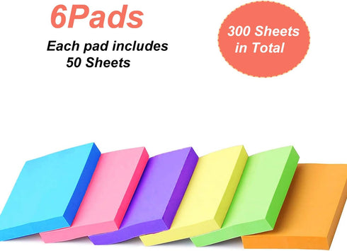 Sticky Notes 3x3 Inches - 6 Pads Bright Colors Sticky Notes, Colorful Sticky Notes, Self-Stick Note Pads, Sticky Notes Bulk - 50 Sheets/Pad (6Pack...