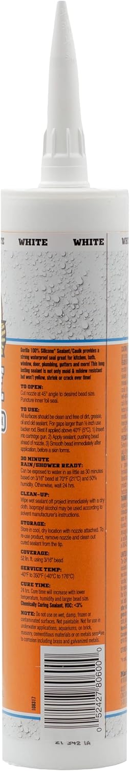 Gorilla Waterproof Caulk & Seal 100% Silicone Sealant Caulk, All Purpose, White, 10oz Cartridge (Pack of 2)...