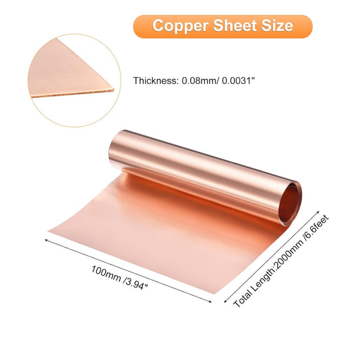 uxcell Copper Sheet Roll 2000mm x 100mm x 0.08mm, 99.9% Pure Copper Strip Copper Flashing Metal Foil Plate for Electricity DIY Projects (Multiple ...