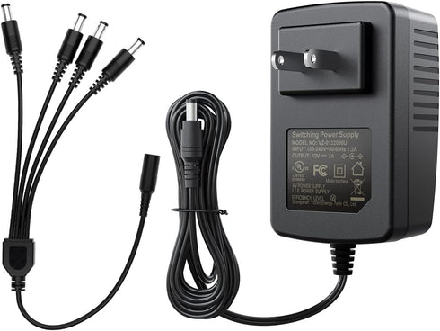 ZOSI 12V 2A 100V-240V US AC to DC Power Supply Adapter & 4-Way Power Splitter Cable for CCTV Home Security Camera Surveillance System...