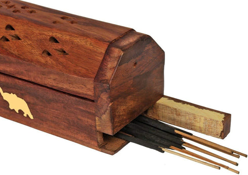 raajsee Beautiful Handmade Wooden Brown Incense Stick Holder Burner Storage Coffin Box - Ash Catcher with Brass Inlay -Home Utilities & Accessorie...