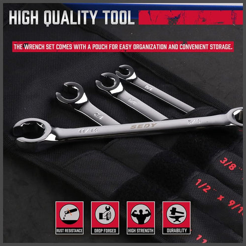 4-Piece Flare Nut Wrench Set - SAE Brake Line Wrench 1/4, 5/16, 3/8, 7/16, 1/2, 9/16, 5/8, 11/16-inch, Professional Offset Heads, Portable Organiz...