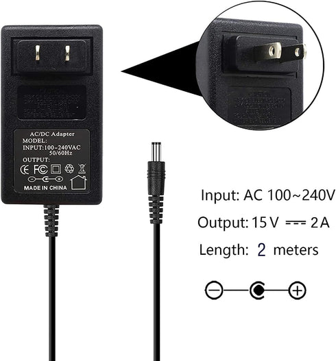 15V 2A 30W Power Supply Charger Cable (Input AC 100V-240V, Output DC 15 Volt 2 Amp 30 Watt) Adapter Transformer Converter DC 5.5mm x 2.1mm / 5.5mm...
