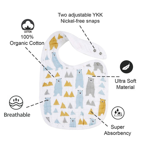 Snap Muslin Bibs for Boys & Girls, 3-Pack Baby Bibs for Infants, Newborns and Toddlers, 100% Cotton Muslin Absorbent & Soft Layers, Adjustable Sna...