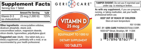 GeriCare Vitamin D 25mcg Tablets Dietary Supplement, 100 Count (Pack of 1)...
