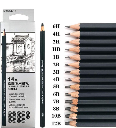 Sketch Pencil Drawing Set 14 Pencils 6H, 4H, 2H, HB, 1B, 2B, 3B, 4B, 5B, 6B, 7B, 8B, 10B, 12B...