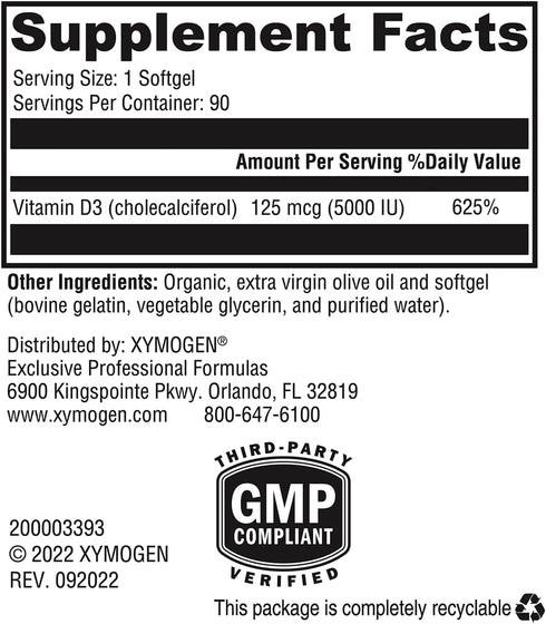 XYMOGEN D3 5000 - Bioavailable Vitamin D3 5000 IU (125 mcg) - High Potency Vitamin D Supplement to Support Immune Health, Bone + Heart Health (90 ...