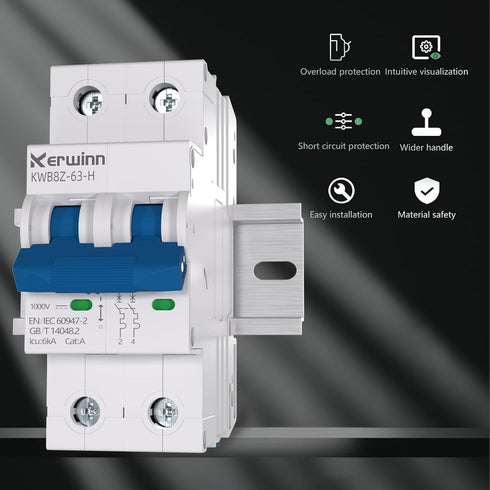 Miniature Circuit Breaker 1000V dc Circuit Breaker 2 Pole 63Amp Smart Circuit Breaker,DC Disconnect Switch DIN Rail Mount for Marine Power Systems...