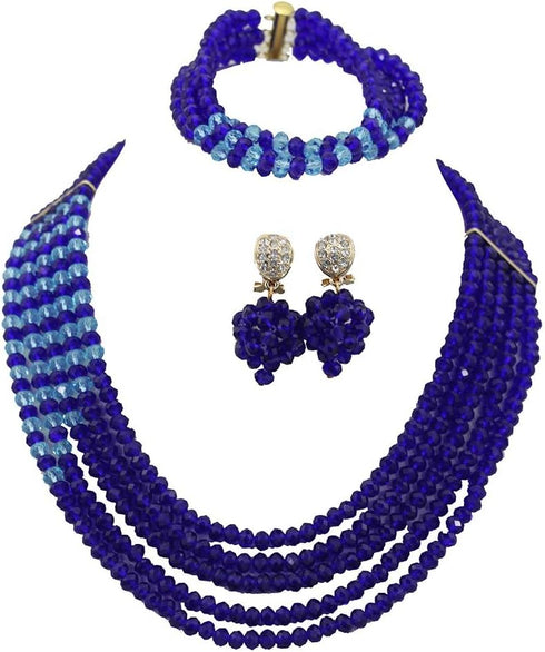 5 Rows Royal Blue Crystal Jewelry Set Handmade African Wedding Necklace Bracelet Earrings Set...