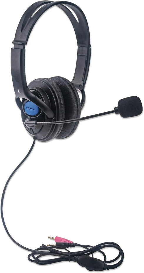 Manhattan Stereo Headset — Lightweight Over-Ear Design, 6 ft. (1.8 m) Connecting Cable and Two 3.5 mm Plugs for Audio and Built-in Adjustable Micr...
