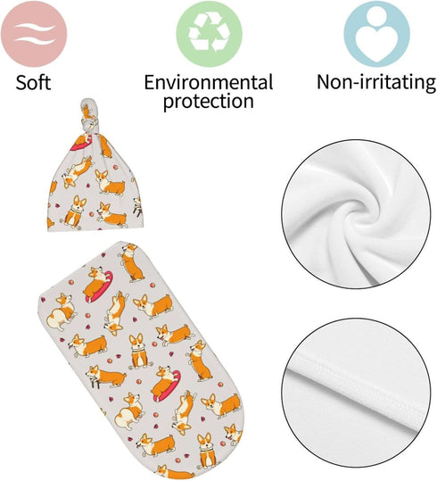 Cute Swaddle Blanket dog corgi Baby Stuff Newborn Baby Swaddling Blanket Sleep Sack with Beanie Hat Sets for Boys Girls Infant and Baby Shower Uni...