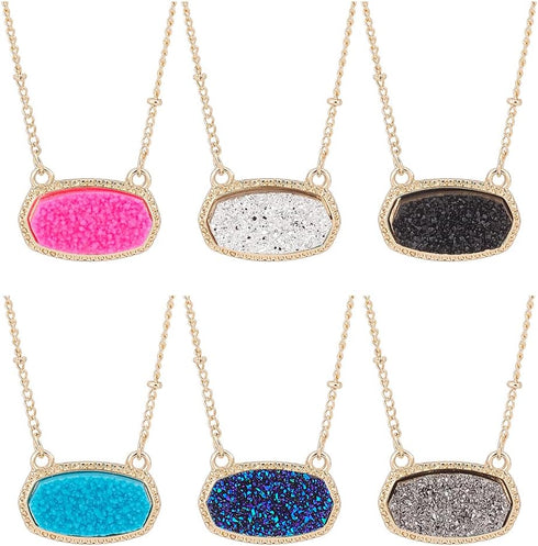 6PCS Faux Druzy Stone Necklace Simulated Druzy Pendant Necklace for Women Colorful Sparkly Oval Stone Necklaces Christmas Valentine's Day Jewelry ...