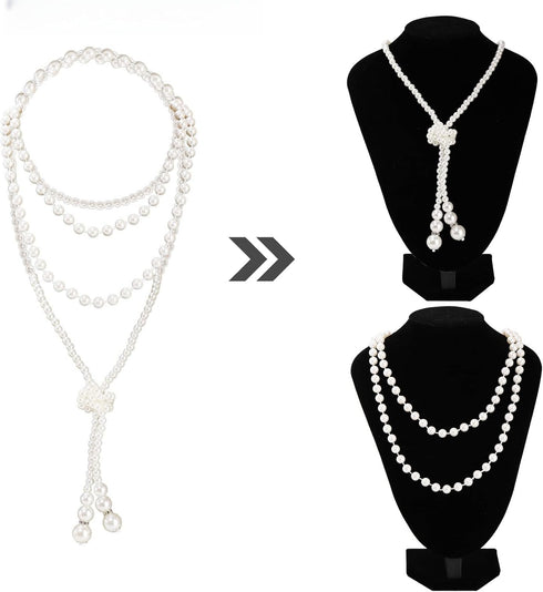 4 Pcs 1920s Pearl Jewelry Set, Include Beaded Pearl Clutch Bag with Chain, Dangle Faux Pearl Drop Earrings, Multi Strands Bracelet and Long Neckla...