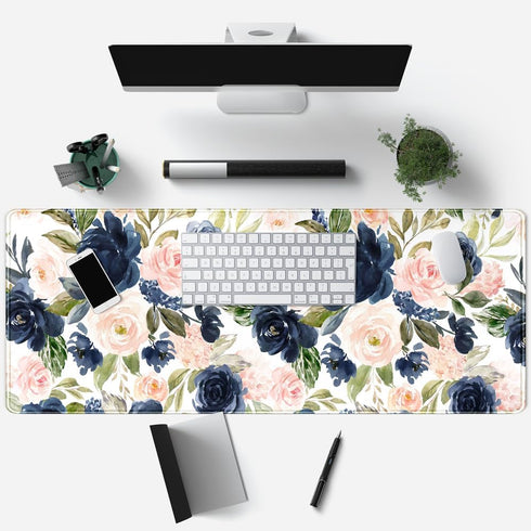 Blue Pink Mouse Pad Ink and Wash Blue Pink Flower Boho Desk Supplies for Women Office Aesthetic Desk Mat Mousepad Desk Pad Keyboard Pad, Non-Slip ...