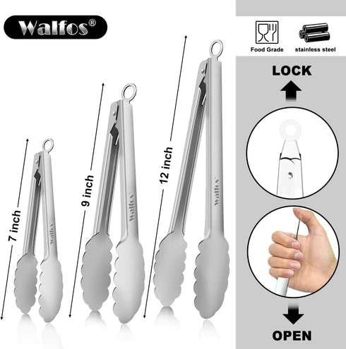 Walfos All Metal Kitchen Tongs for Cooking, BBQ Grilling, 600? Heat Resistant Stainless Steel Tongs - Heavy Duty 7 ?9 and 12 Inch Locking Tongs Se...