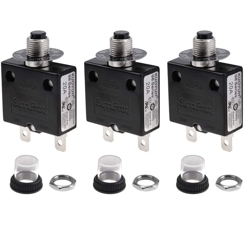 20 Amps Thermal Circuit Breaker, Thermal Overload Protector Push Button Manual Reset Circuit Breaker 32V DC 125/250V AC 20A 3Pcs...