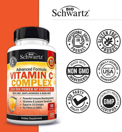 Vitamin C Complex Supplement - Vitamin C 1000mg Capsules with Rose HIPS Zinc and Citrus Bioflavonoids (60 Day Supply) - Supports Immune Health, Ce...