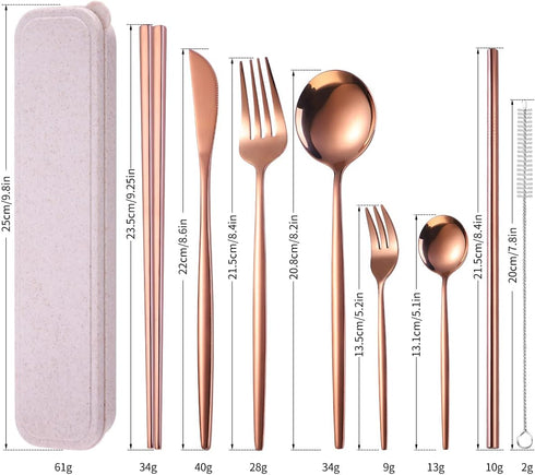 AARAINBOW 8 Pieces Stainless Steel Flatware Set Portable Reusable Cutlery Set Travel Utensils Set Including Chopsticks Knife Fork Spoon Straws Cle...