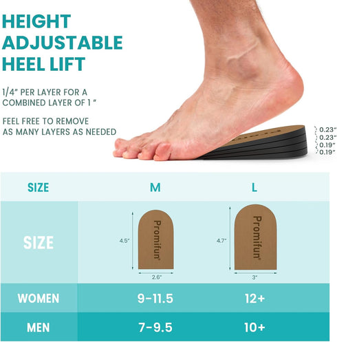 Adjustable Heel Lifts for Heel Pain Relief - Promifun 4 Layer Orthopedic Shoe Inserts for Achilles Tendonitis, Plantar Fasciitis, Heel Spur, Heigh...