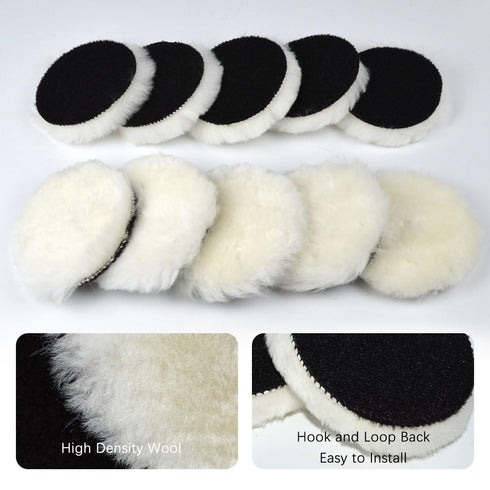 Gracefur 10 Pcs 3 Inch Lambs Wool Polishing Pads with Hook and Loop Back, Soft Sheepskin Buffing Pads for Vehicles, Boat, Furniture, Floors and So...