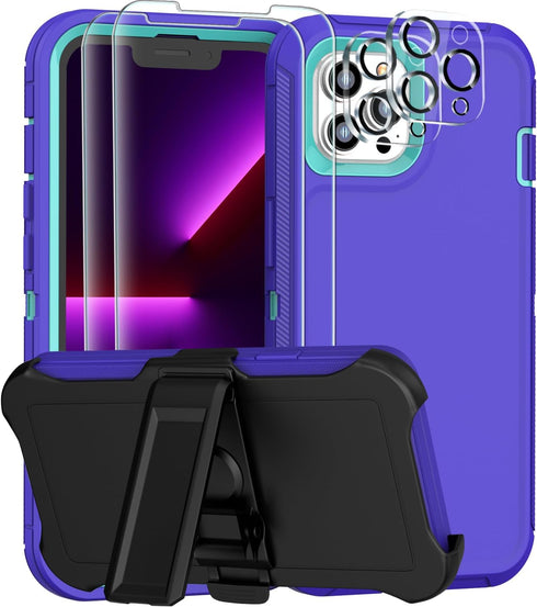 FEIYAR HOME for iPhone 13 Pro Max Heavy Duty Case with 2 Tempered Glass Protectors and Camera Lens Protector, Belt Clip Holster Kickstand - Milita...