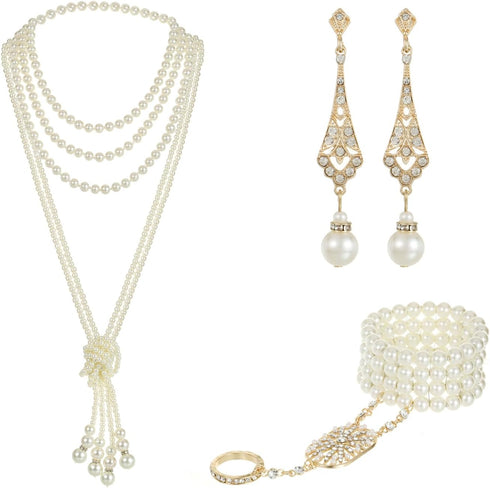 LUBINGSHINE 3pcs Pearl Jewelry Set 1920s Vintage Accessories for Women Long Multilayer Imitation Pearl Necklace Bracelet Dangly Earrings...