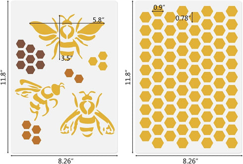Bee Honeycomb Hexagon Stencils, 2 Pcs Bee Theme Drawing Template for Painting on Wood Fabric Wall Furniture Card Making Home Decor Reusable A4 Siz...