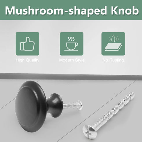 25PCS Black Mushroom Knobs, Stainless Steel Dresser Knobs 1 inch Diameter Round Drawer Knob Pull Handle with Mounting Screws for Chest Cabinet Cup...