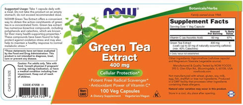 NOW Supplements, Green Tea Extract 400 mg with Vitamin C, Cellular Protection*, 100 Veg Capsules...