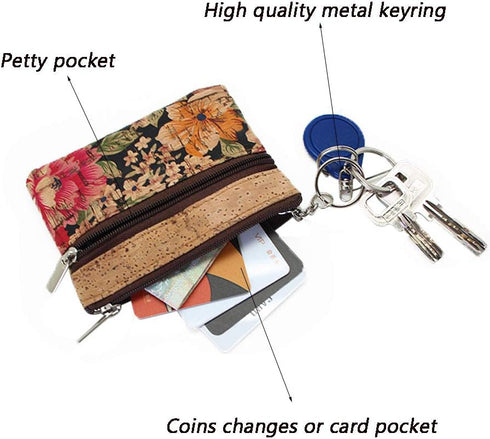 Eco-friendly Natural Cork Coin Purse, Boshiho Mini Coin Change Wallet Credit Card Holder Zipper Pouch Vegan Wallet with Key Ring Keychain (Multi F...