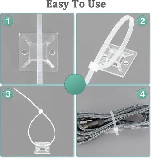 240Pcs Clear Cable Ties Mounts, 5.9'' Heavy Duty Zip Ties 120Pcs + 3/4" Adhesive Cable Holders 120Pcs, Self Locking Nylon Wire Ties Screw Hole Squ...