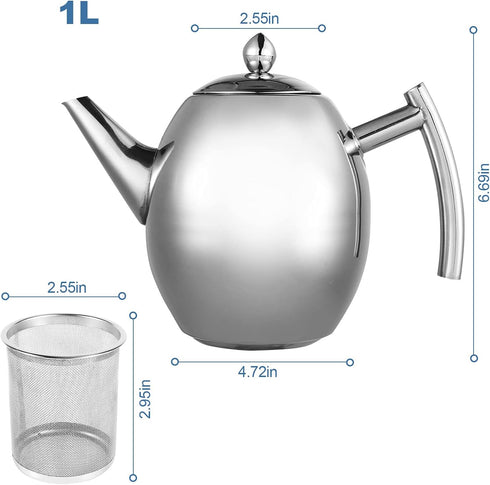 Stainless Steel Teapot Quart Tea Kettle Coffee Tea Pot Water Kettle with Removable Infuser Filter Large Capacity 33 oz (1L)...