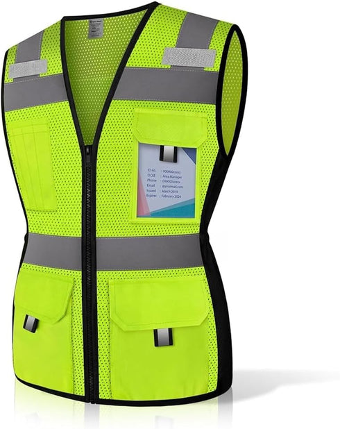 Reflective Vest for Women, Mesh Womens Safety Vest with 11 Pockets and Zipper, Hi Vis Neon Construction Work Vest for Lady Surveyors/Workers, Snug...