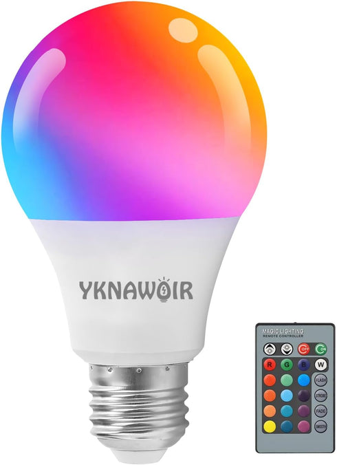 RGB Color Changing Light Bulb with Remote Control, 15W LED Light Bulb E27/E26 6500K White A21 600LM 16 Color Choices Multicolor Dimmable Flood Lig...