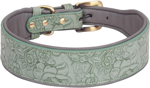 Leather Dog Collar, for Large Dogs, Medium Dogs & Small Dogs, Adjustable Soft Padded Collar for Dogs, Embossed Print Leather Dog Collars (XL, Gree...