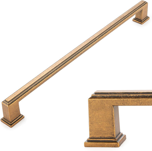 KOOFIZO Stepped Bar Cabinet Pull - Antique Brass Furniture Handle, 10 Inch/256mm Screw Spacing, 1-Piece for Kitchen Cupboard Door, Bedroom Dresser...