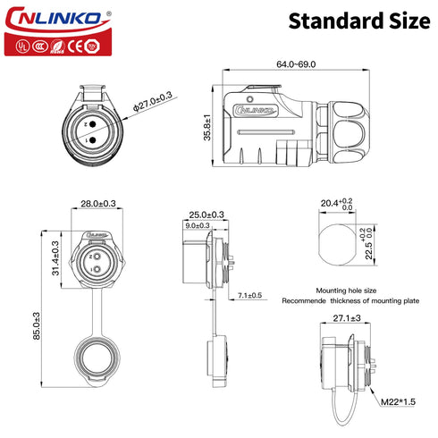 CNLINKO LP20 2 Pin Waterproof Connectors,IP68 Circular Connectors Fast Locking Plug,2-12 Pin Power Connector M20 Male Female Plug,LED Outdoor Ligh...