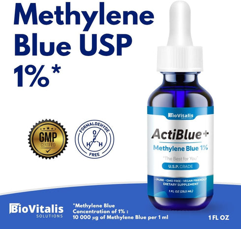 Actiblue+ Methylene Blue 1% : Methylene Blue Pharmaceutical Grade ISO Certified Third Party Lab Tested 99,9% No Formaldehyde No Alcohol No Gluten&...