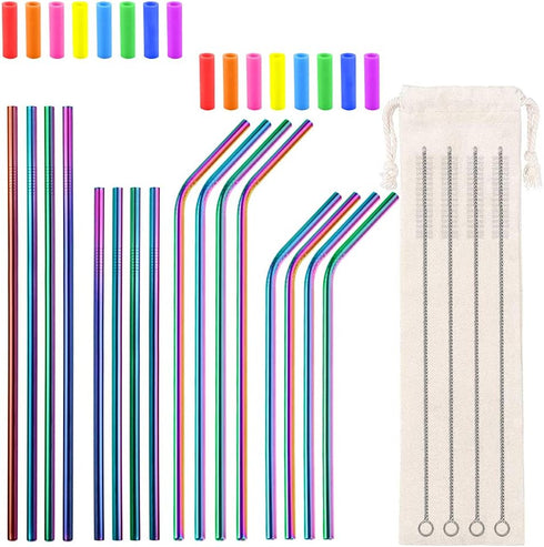 Lazycorner 16 Pcs Metal Straw Reusable 8.5" 10.5" 6mm Stainless Steel Straws for Tumblers 20oz-32oz, Rainbow Drinking Straws with Silicone Tips, 4...