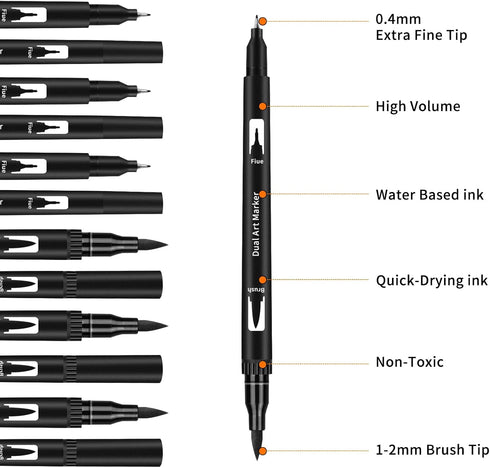 Black Drawing Pens, 12 Pack Felt Tip Markers for Adults and Kids, Dual Tip Brush Fineliners Pens for Art Drawing Sketching...