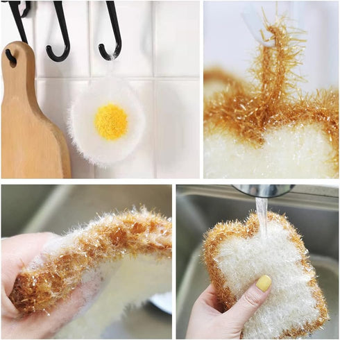 Toast and Eggs Shaped Acrylic Dish Scrubbers, Cute Food Shaped Net Cloth Kitchen Scrubber/ Dish Sponge/ Dishcloths...