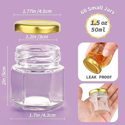 60 Pcs Small Glass Containers with Airtight Lids, 1.5 oz Mini Honey Jars for Wedding Favor, Baby Shower, Small Hexagon Candle Jars for Making Cand...