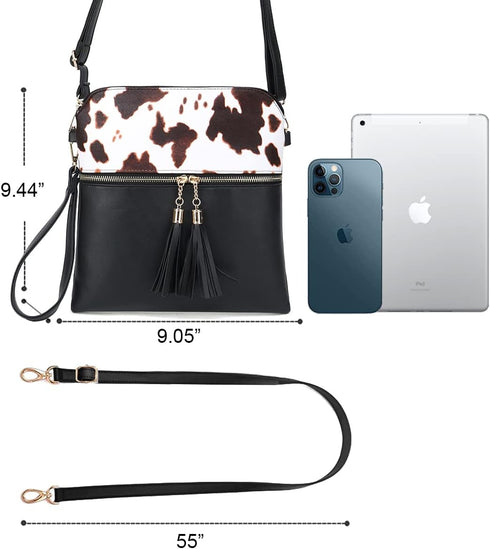 Sunwel Fashion Cow Print Wristlet Tassel Purse-Zipper Pockets Crossbody Bag Shoulder Handbag for Women...