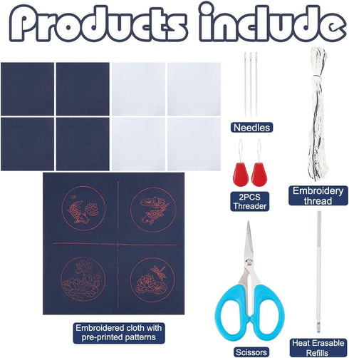 4 Set Sashiko Coasters DIY Kit with Instructions Sashiko Kit for Beginners Lotus&Koi Carp Sashiko with Embroidery Hoop Coasters for Housewarming G...