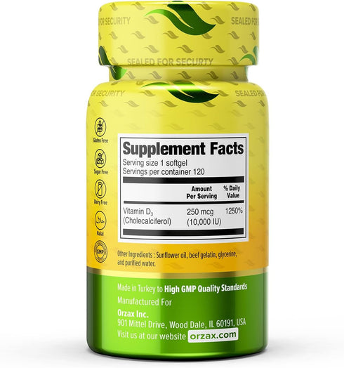 ORZAX Vitamin D3 10000 iu (250 mcg) - 1 Year Supply for Strong Muscle Function & Immune Support - Mood Supplement for Wellness (120 Softgel)...